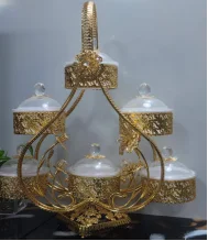 Luxury gold serving set 4 tier with crystal dome for dates candy and dry fruits Arabian Iftar style